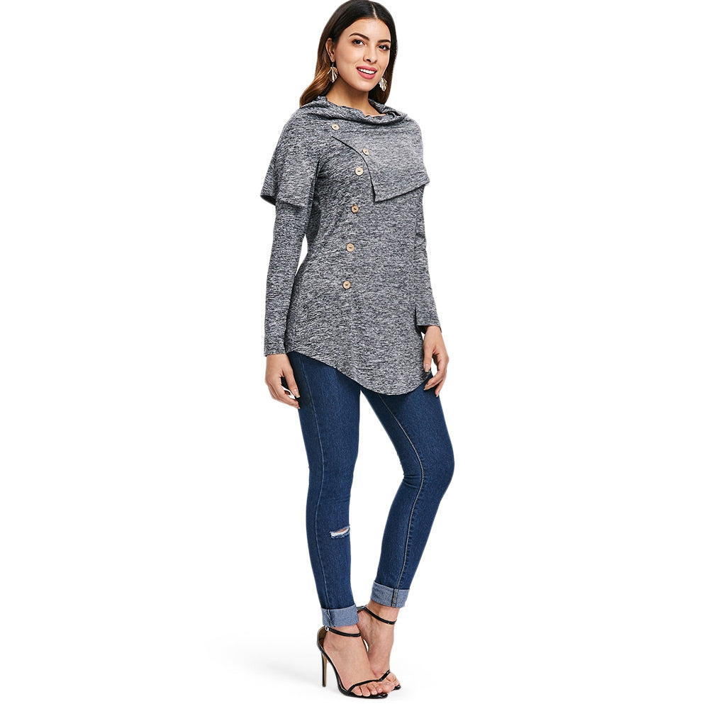 Long Sleeve Marled Button Capelet T-shirt