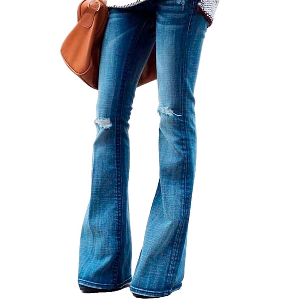 Female Hole Mid Waist Stretch Slim Flare Jeans - Sheseelady