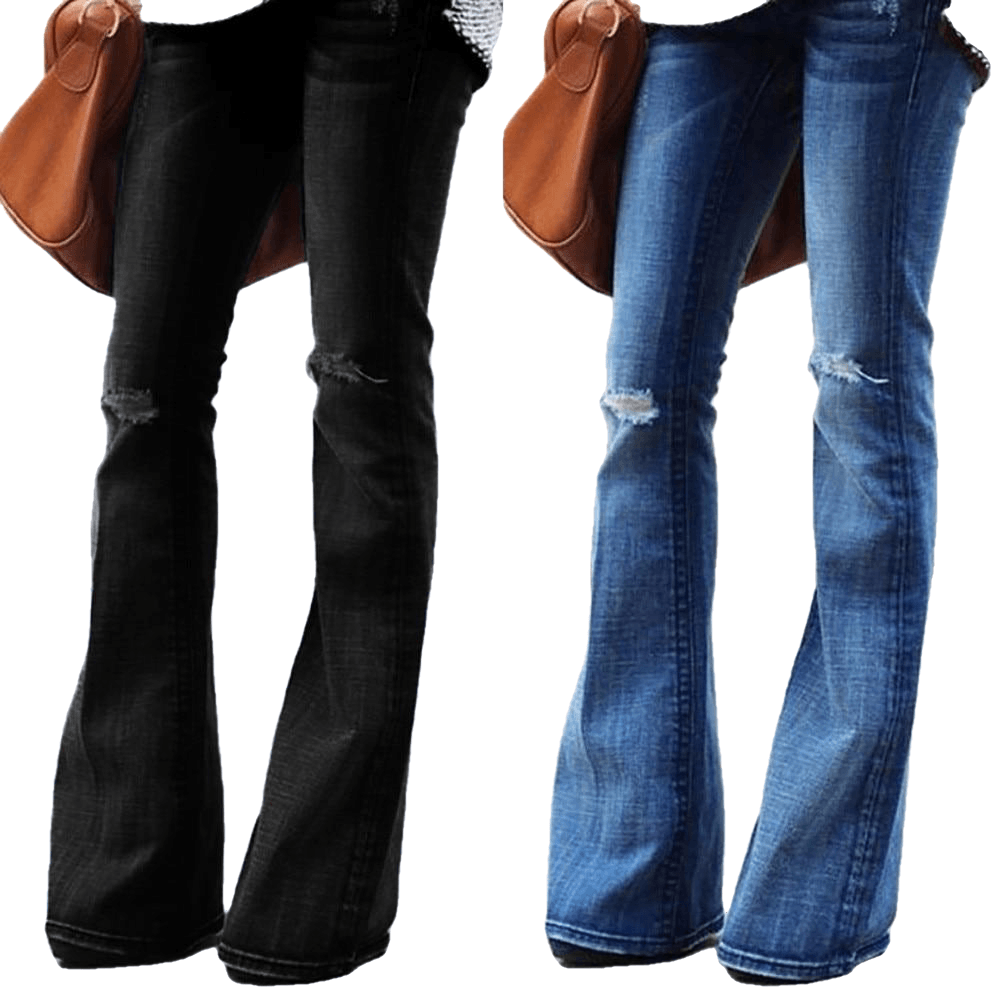 Female Hole Mid Waist Stretch Slim Flare Jeans - Sheseelady