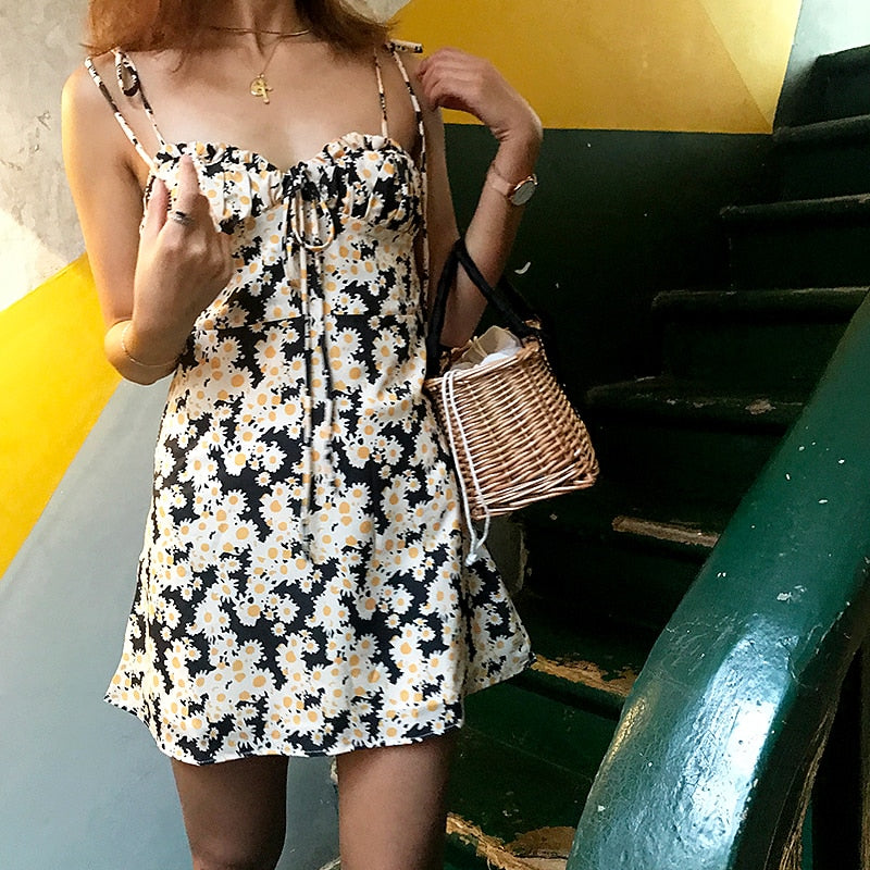 Elegant Yellow Floral Tunic Cami Vintage Dress - Sheseelady