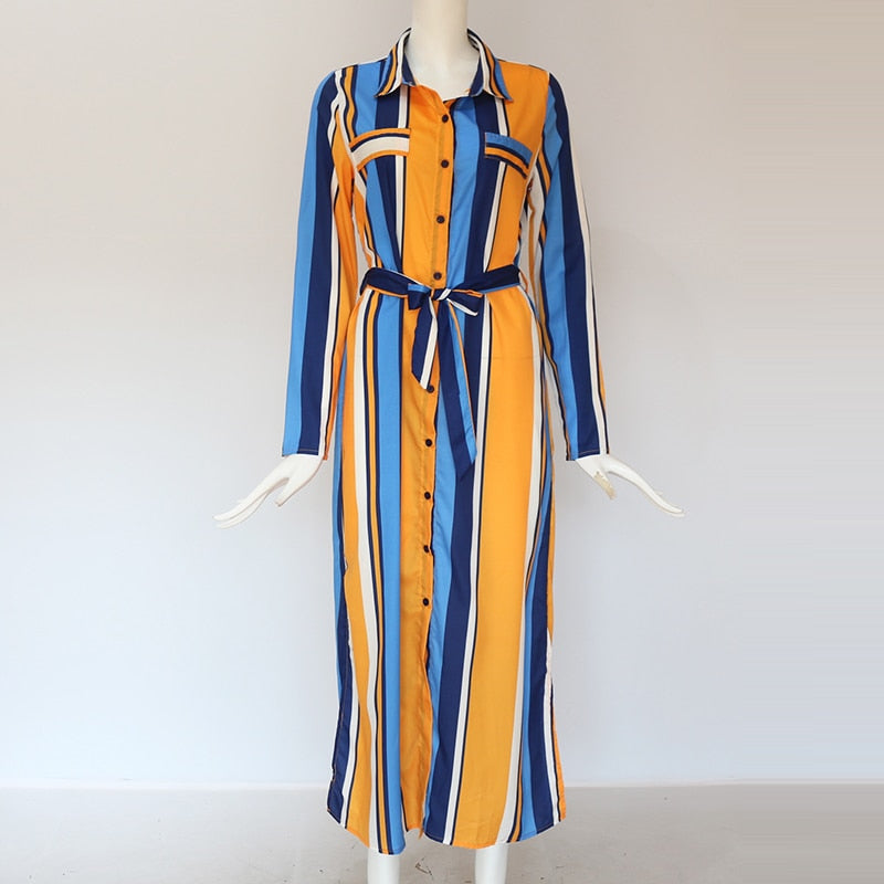 Casual Elegant Ladies' Stripe Print Shirt Dress With Turn Down Collar