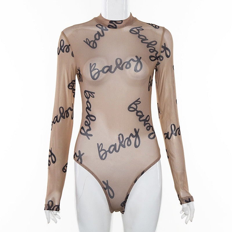 Sexy Ladies' Long Sleeve Transparent Mesh Bodysuits With Letter Print
