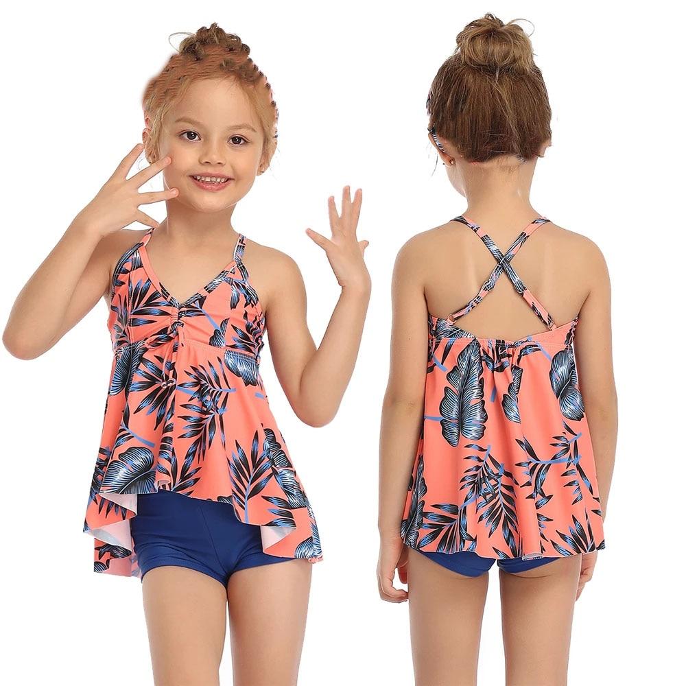 Stylish Girls' Sleeveless Floral Print Swimsuit Two Pieces