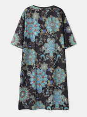 Women Vintage Floral Print Half Sleeve Ethnic Style Midi Dress