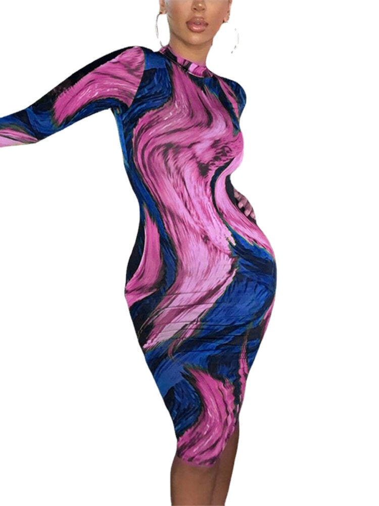 Casual O-neck Long Sleeve Bodycon Print Dress For Women