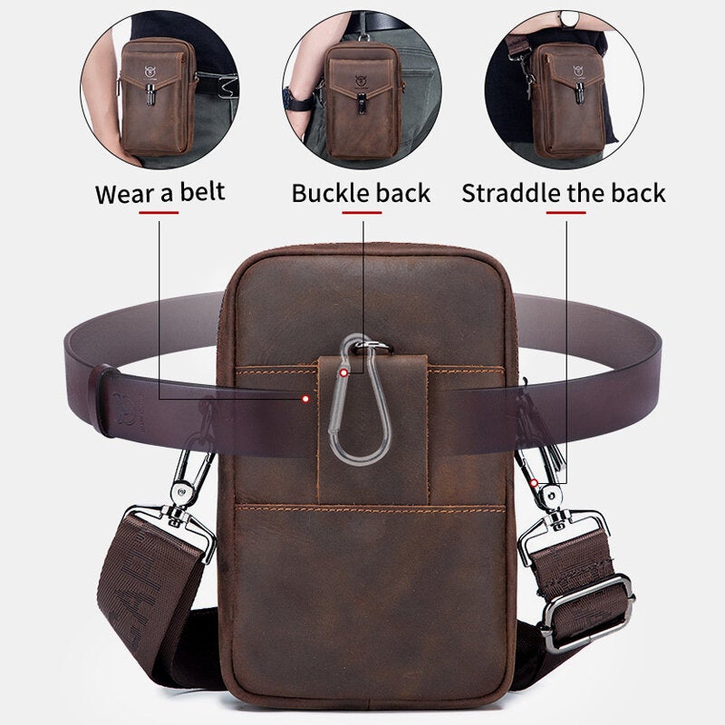 Men Genuine Leather Large Capacity Vintage 6.5 Inch Phone Bag Waist Shoulder Crossbody