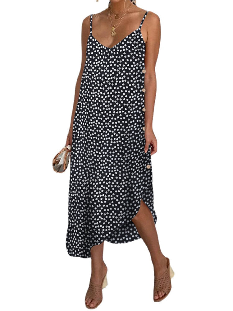 Women Sunflower Print Button Detail Holiday Casual Diagonal Hem Sling Dress