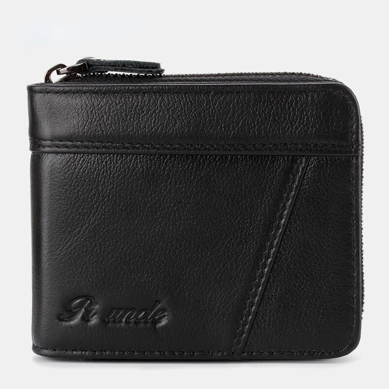 Men Genuine Leather Retro RFID Blocking Zipper Coin Bag Card Holder Wallet