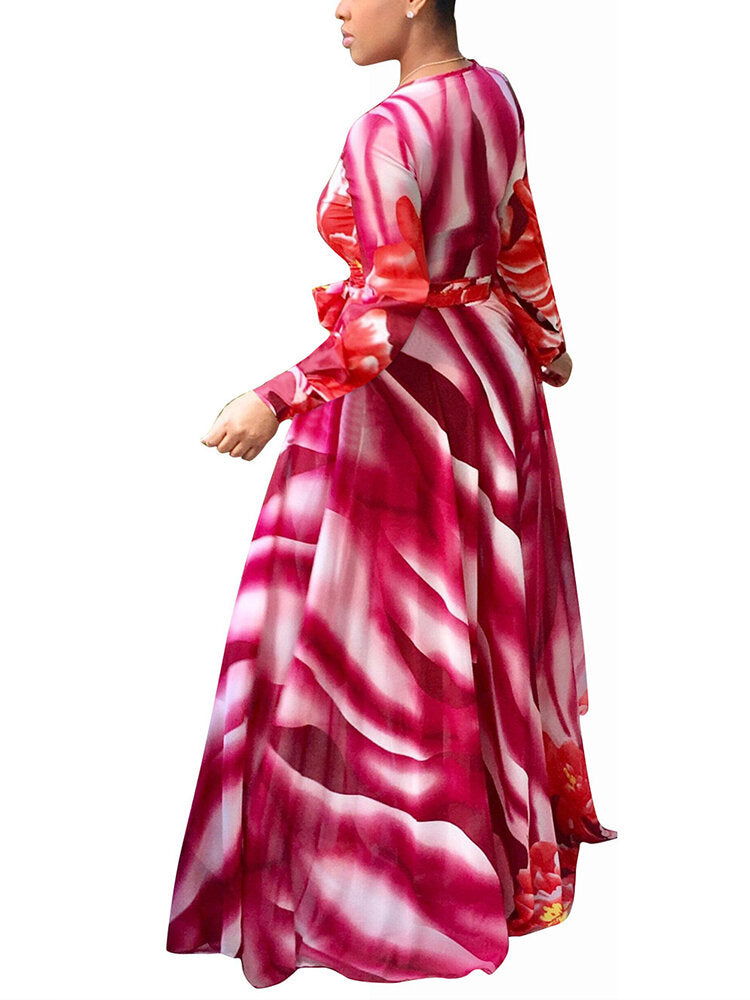 Women Floral Print V-Neck Long Sleeve Swing Maxi Dress With Belt