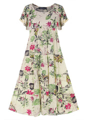 Vintage Floral Leaves Print O-neck Short Sleeve Bohemia Pleated Maxi Dress