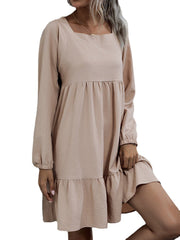 Women Brief Style Solid Color Bowknot Ruffle Long Sleeves Casual Dress