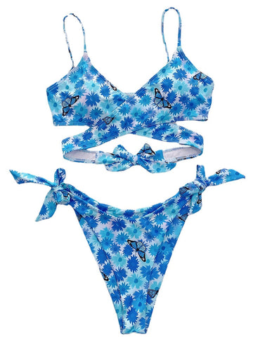 Floral Butterfly Animal Print Tie Cross Split Beach Bikini Women Swimsuit