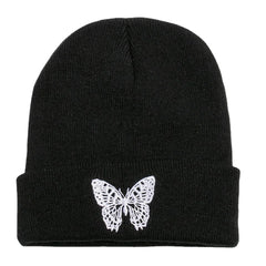 Unisex Wool Warm Elastic Casual Cartoon Butterfly Embroidery Pattern Knitted Hat Brimless Beanie