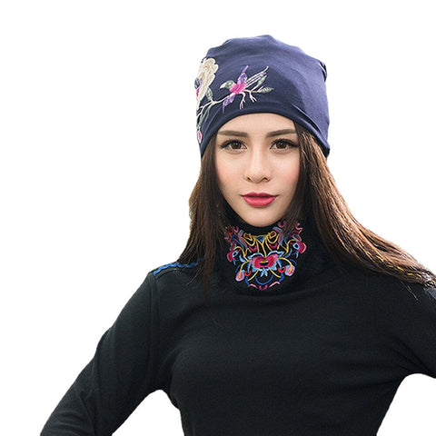 Women Cotton Embroidery Flower Printing Ethnic Style Beanie Hat Breathable Turban Cap