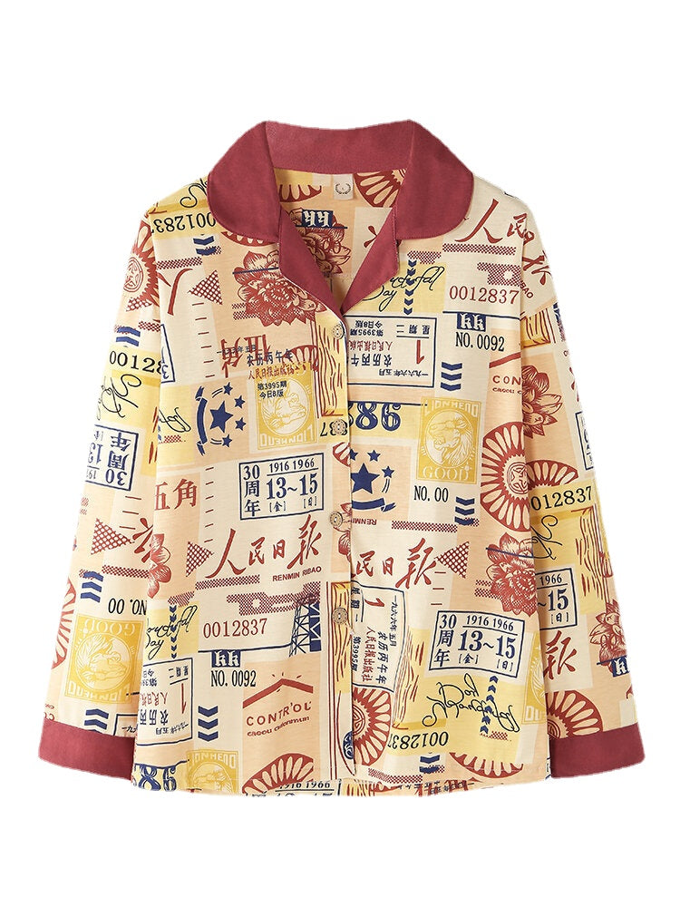 Women's Vintage Chinese Print Cotton Pajama Set - Button Up, Long Sleeve, Elastic Waist