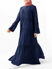 Women Tiered Button Up O-Neck Pleated Casual Flare Sleeve Maxi Swing Dresses