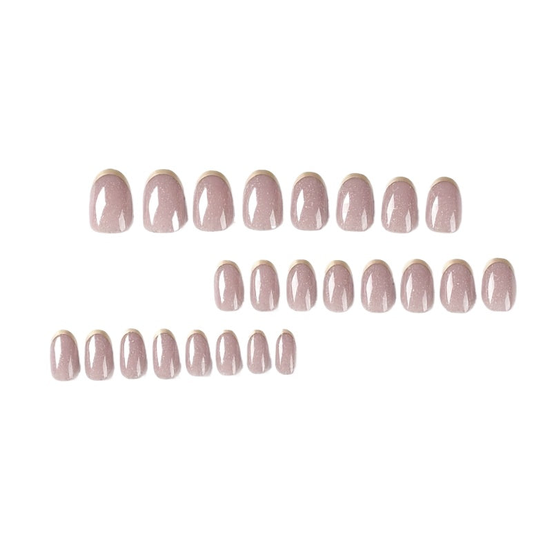 24pcs Glossy Nude Glitter Press On Nails with Golden Edge - Medium Oval, Easy Apply & Remove, Perfect for Women & Girls