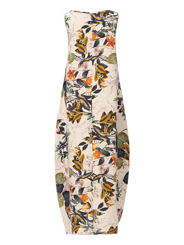 Sleeveless O-neck Loose Causal Floral Print Maxi Dress