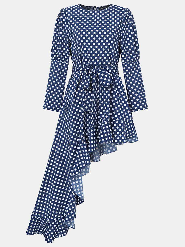 Women Polka Dot Print Asymmetric Ruffle Casual Long Sleeve Maxi Dresses