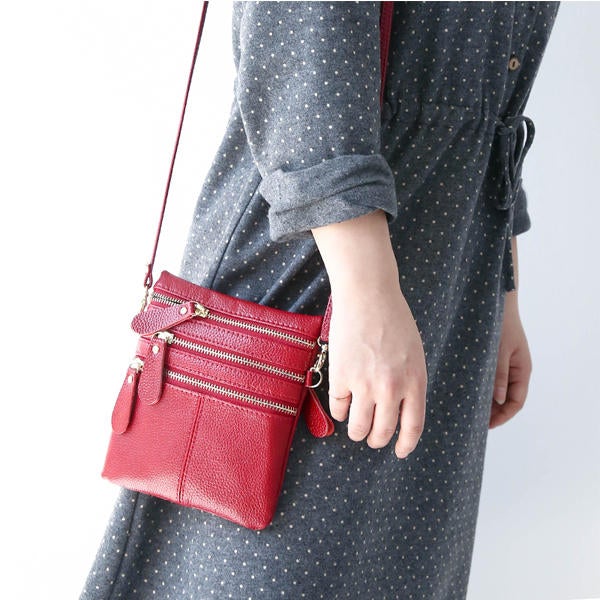 Women Genuine Leather Multi-Function Phone Bag Solid Crossbody Bag