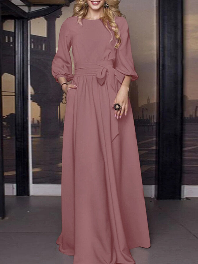 Solid Color Belted O-neck Lace Up Side Pocket 3/4 Sleeve Vintage Maxi Dress