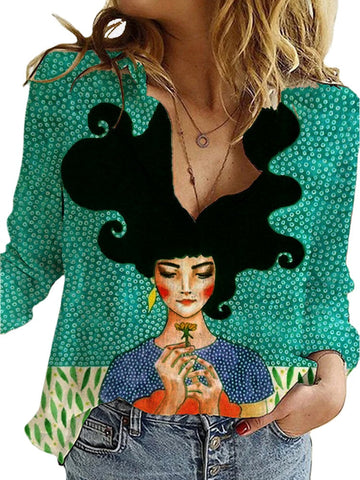 Vintage Figure Printed Long Sleeve Turn-down Collar Loose Shirts For Women