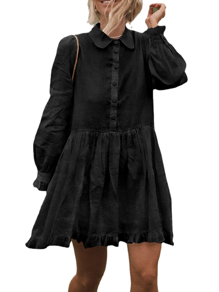 Women Solid Color Doll Collar Button Ruffle Hem Long Sleeve Mini Dress With Pocket