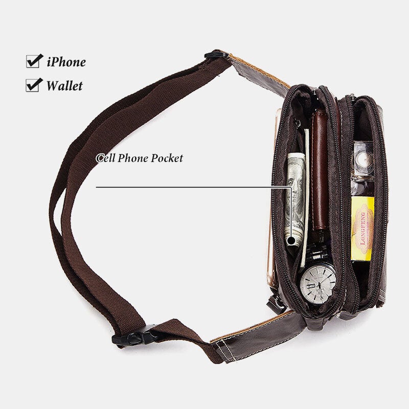 Men First Layer Cowhide Multifunction Chest Bag Large Capacity Retro 6.5 Inch Phone Bags Crossbody Waist