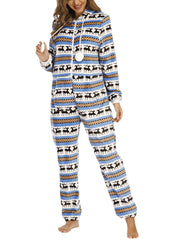 Christmas Women Flannel Elk Graphics Pocket Hooded Jumpsuits Cozy Warm Sleepwear