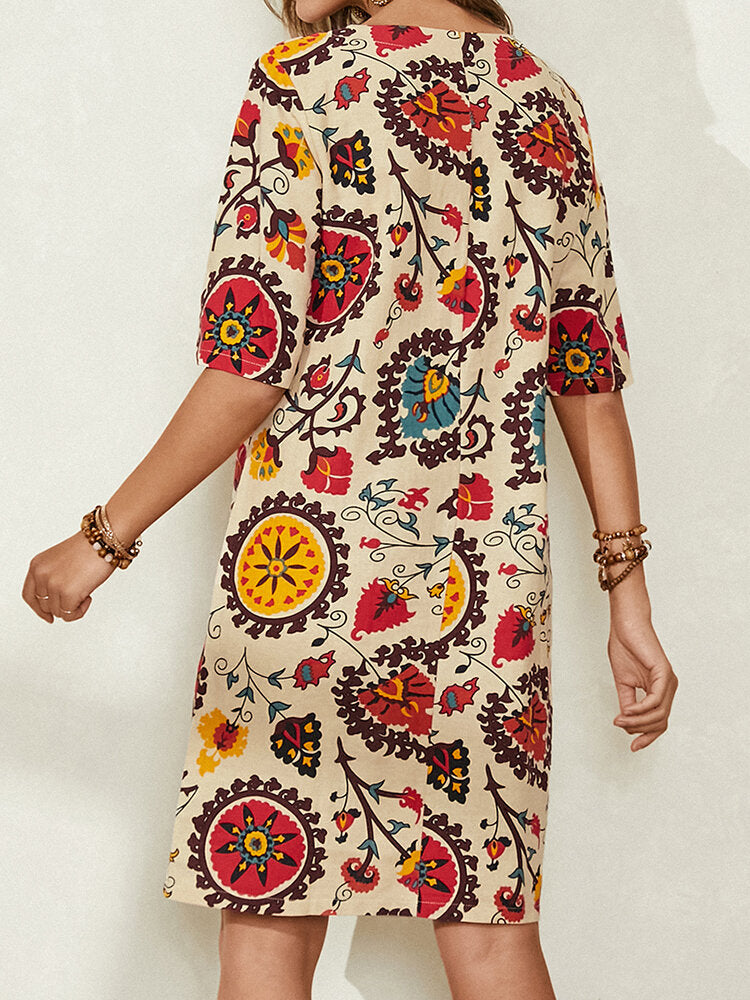 Ethnic Style Print Round Neck Bohemia Casual Midi Dress For Women