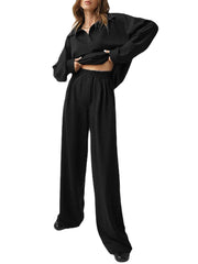 Solid Zip Elastic Waist Long Sleeve Wide Leg Two Pieces Set