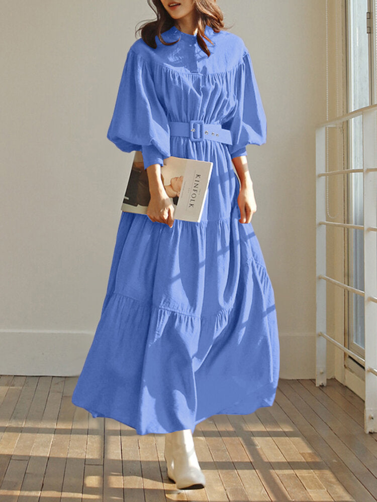 Solid Color Stand Collar Puff Sleeve Belted Pleated Shirt Maxi Dress