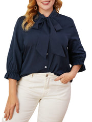 Plus Size Women Solid Color Pussybow Frill Sleeve Casual Blouses
