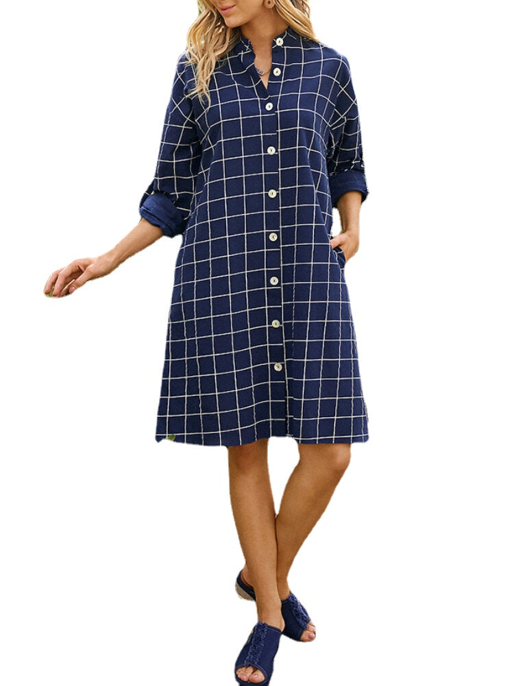 Women Grid Stand Collar Long Sleeve Casual Shirt Dresses With Sleeve Tabs