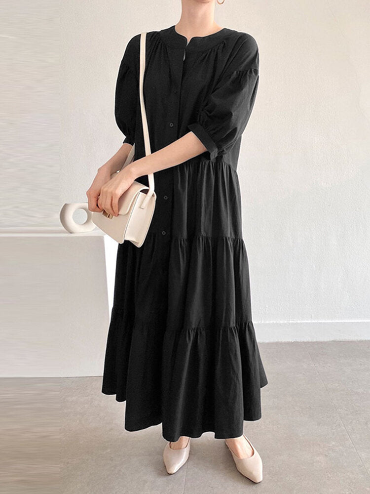 Solid Button Half Sleeve V-neck Loose Casual Maxi Dress