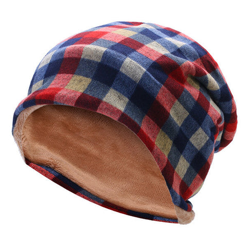 Mens Women British Style Grid Cotton Beanies Hat Thicken Velvet Warm Hat And Scarf
