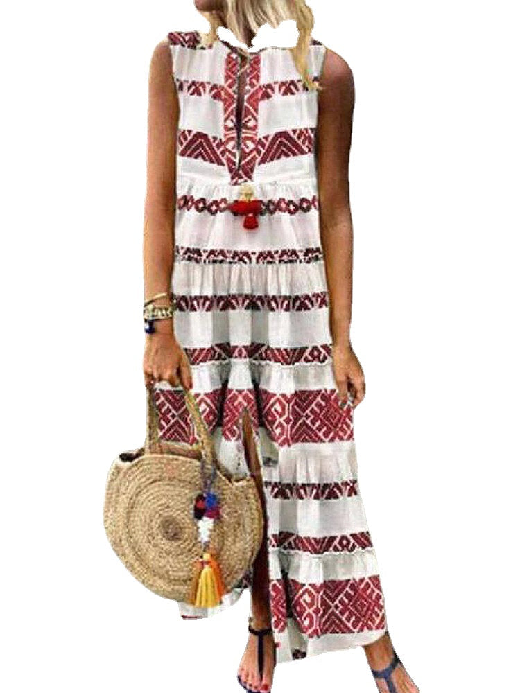 Women Ethnic Print Stripe Sleeveless Vintage Bohemian Maxi Dresses