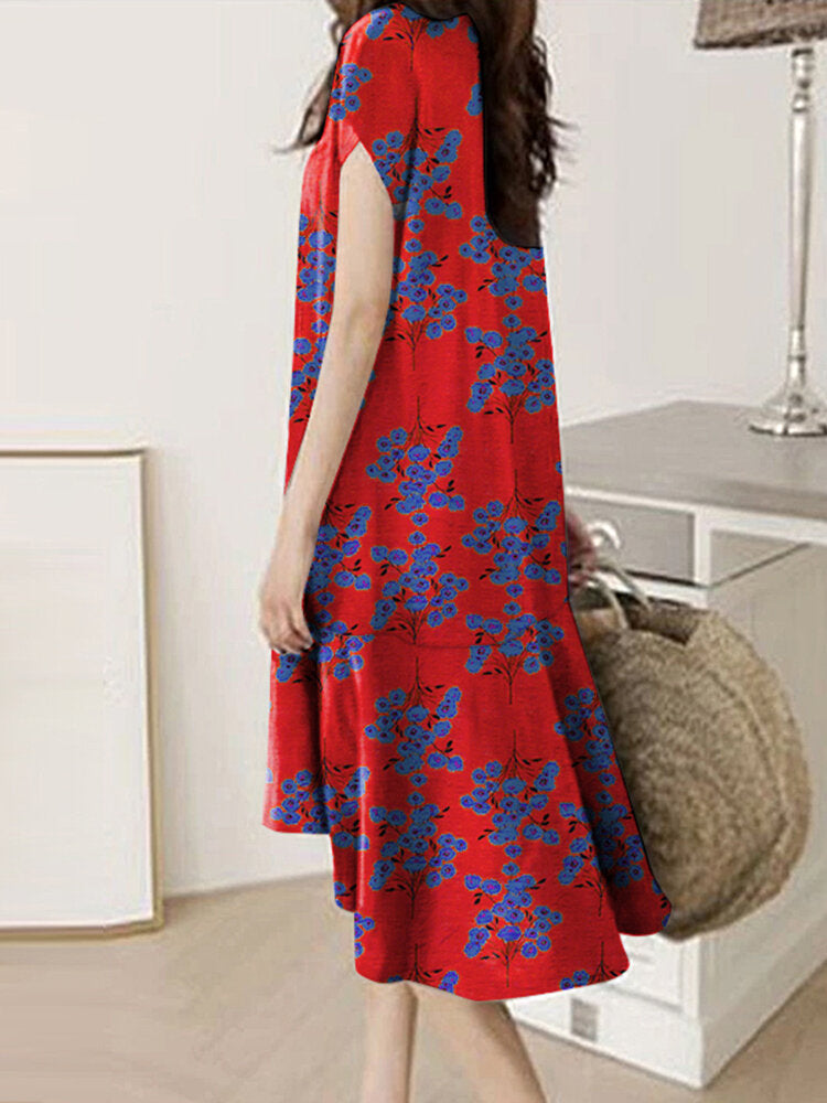 Floral Print Ruffle V Neck Cap Sleeve Midi Dress For Women