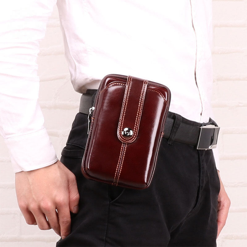 Men Genuine Leather Retro Large Capacity Waist Bag 6.5 Inch Phone Bag Belt Bag