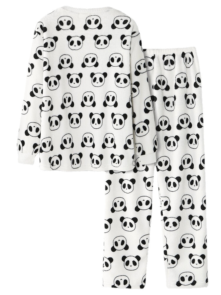 Women All Over Cartoon Panda Long Sleeve Plush Warm Home Pajama Set