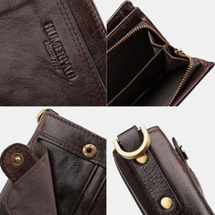 Men Genuine Leather RFID Anti-theft Zipper Multi-slot Card Holder Wallet With Chain