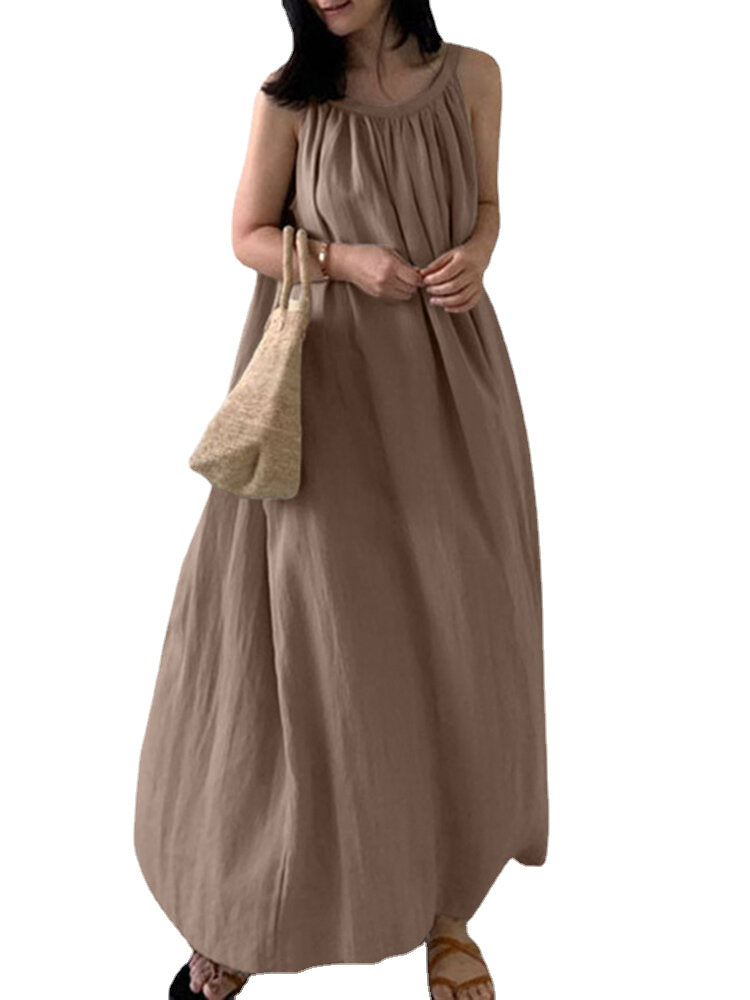 Solid Color Sleeveless Loose Cotton Maxi Dress