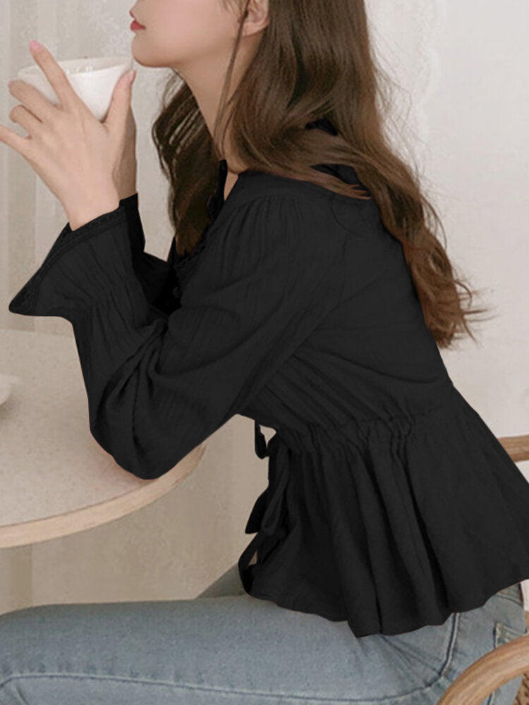 Solid Drawstring Flounce Sleeve Button V-neck Blouse