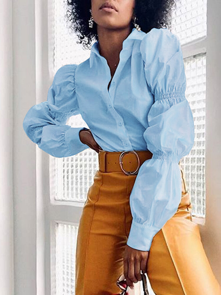 Women Solid Color Lapel Elastic Lantern Sleeve Casual Blouse