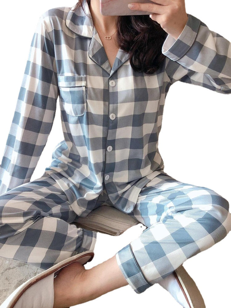 6 Patterns Womens Plaid Revere Collar Long Sleeve Loose Home Pajama Set