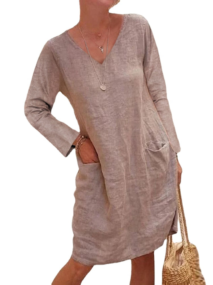 Women Cotton Solid V-Neck Casual Long Sleeve Midi Dress With Pockets