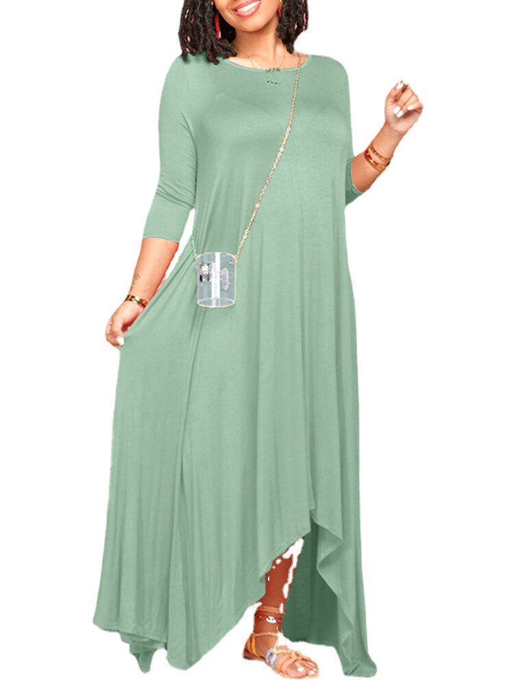 Women Casual Calf Length Side Pocket Irregular Hem Midi Dresses