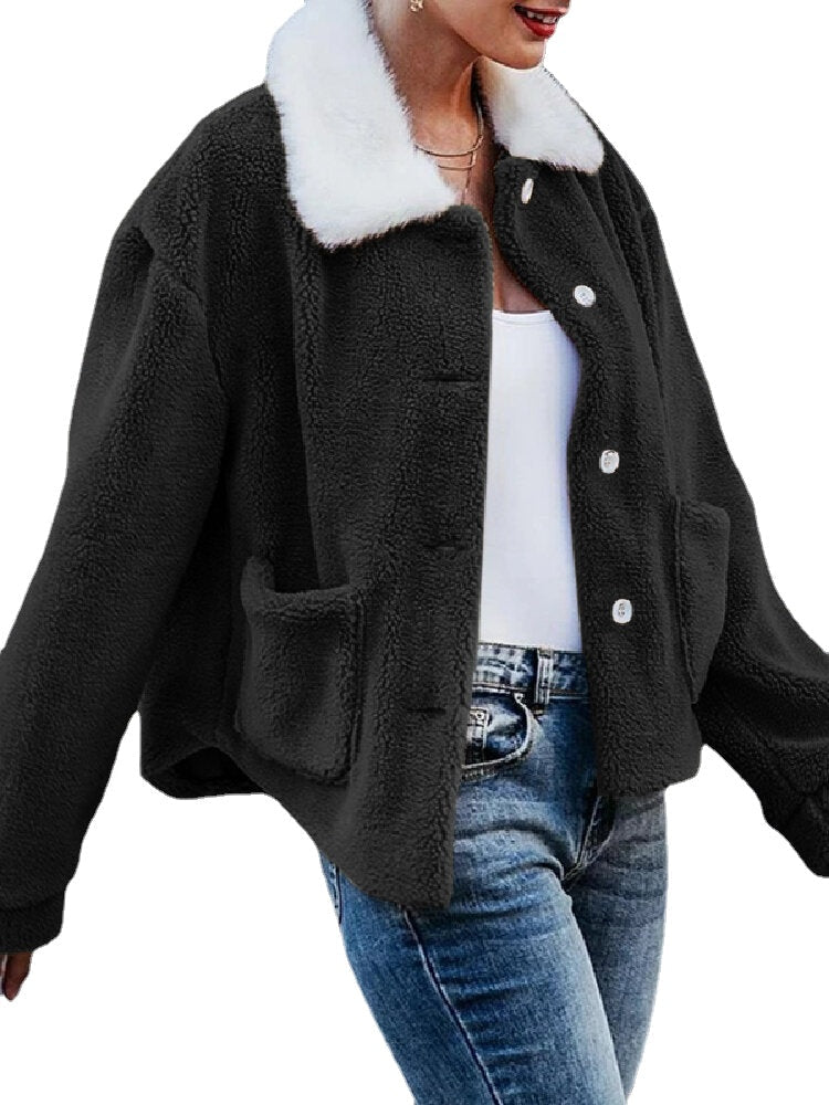 Women Solid Color Plush Borg Collar Warm Coat With Pocket