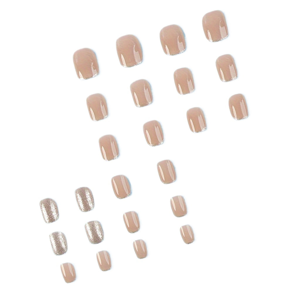 Glamorous Glossy Oval Nude Press-On Nails - 24Pcs Set, Sparkling French Style with Glitter Accent, Durable & Reusable