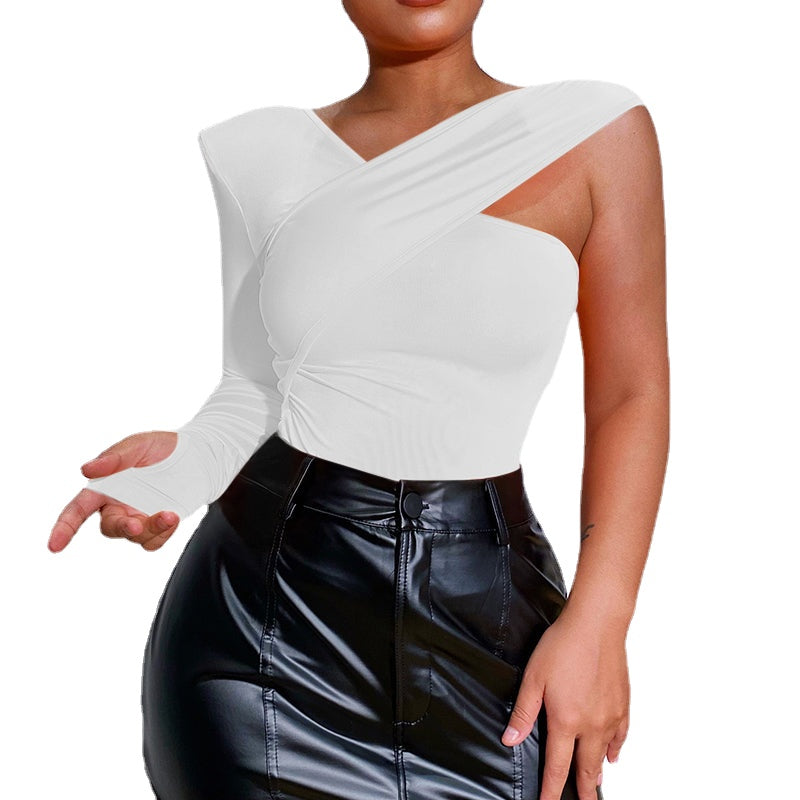 Asymmetric T-shirt Long Sleeve Slim-Fit Padded Shoulder Splice Top